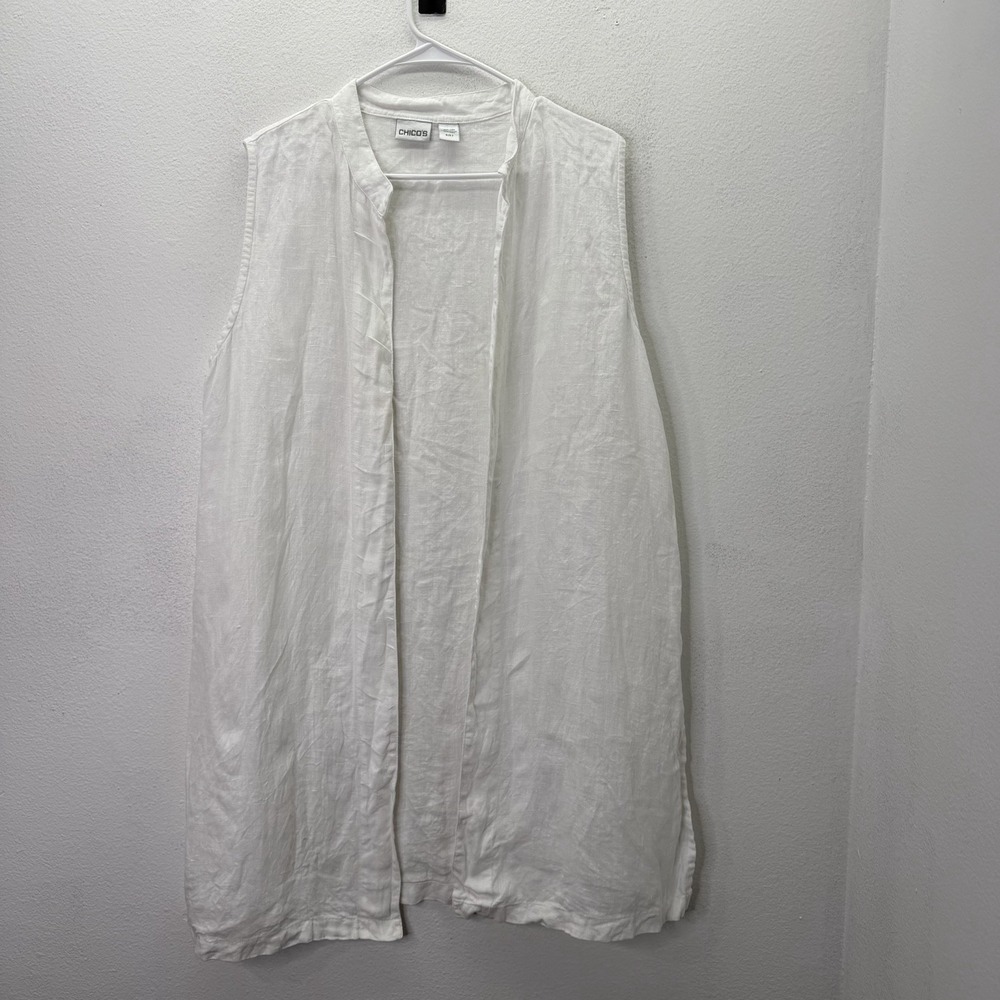 Chicos 2 White Open Front Duster Cardigan Kimono Vest 100% Linen Sz L Minimalist